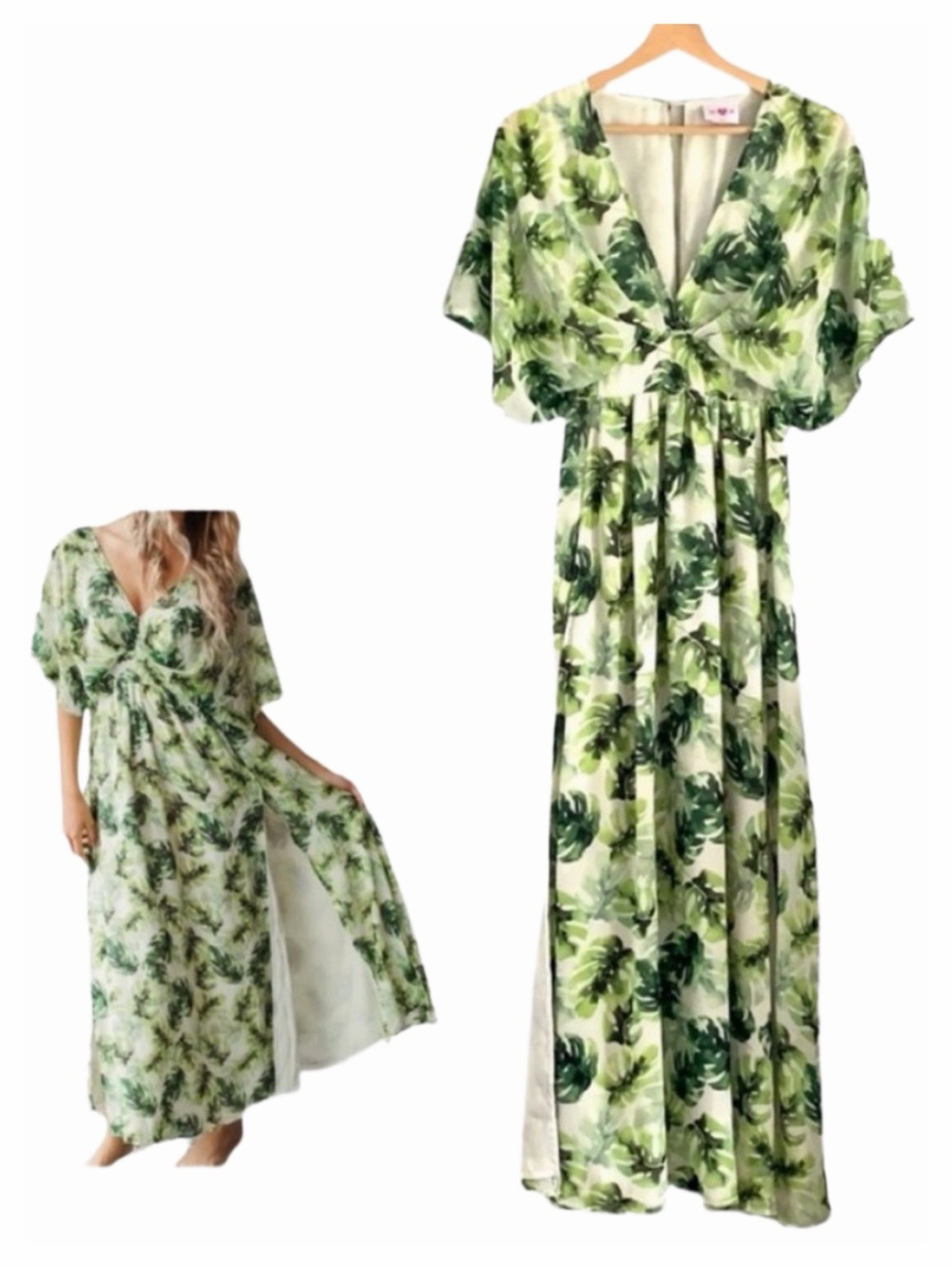 Buddy Love Evelyn Maui Maxi Dress Green Palm Print Size XS Flowy Garden Fairy